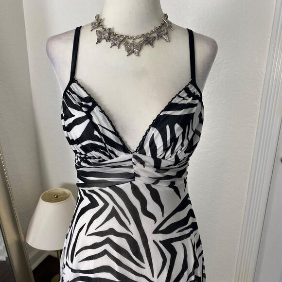 Y2K Grunge Layered Euro chic Black White Micro Mesh Zebra Print Midi Dress S - Picture 7 of 8